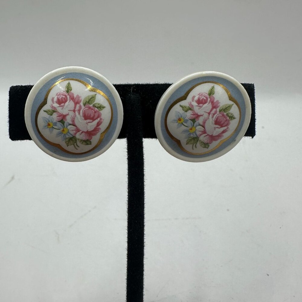 Vintage Porcelain Clip-On Earrings With Floral Design